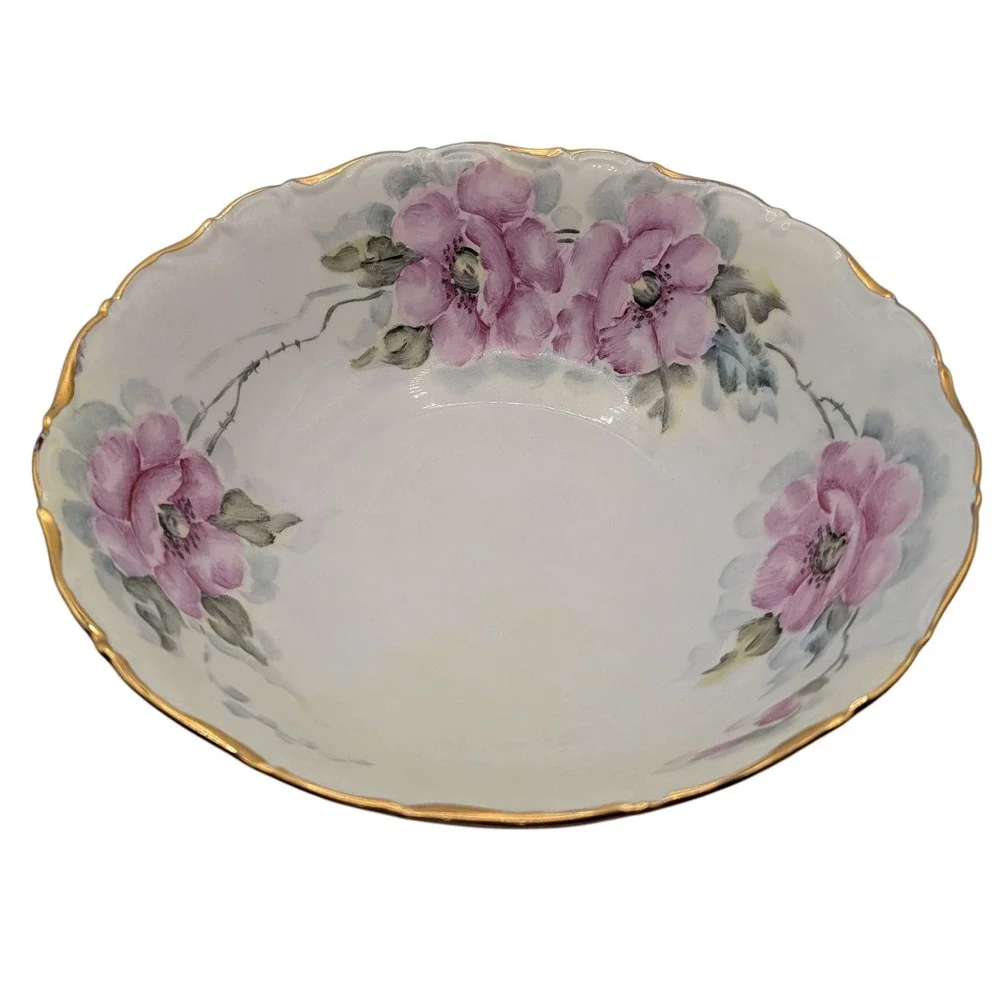 Vintage Seltmann Weiden Serving Bowl Green‎ Pink Floral Hand Painted Nine in SEE